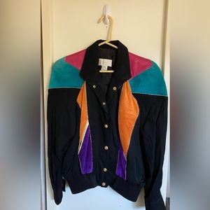 Cache Vintage Suede Color Block Shoulder Padded Bomber Jacket